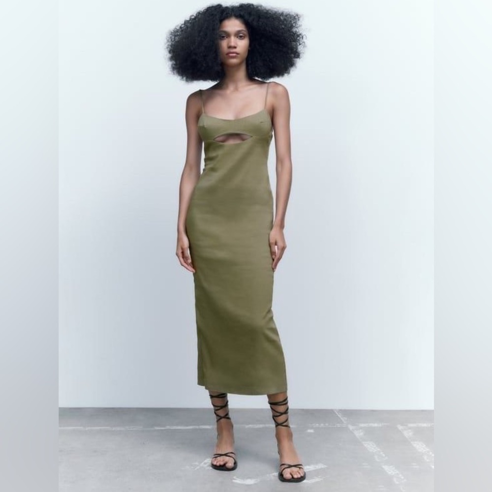 Zara Cut Out Linen Blend Dress NWT